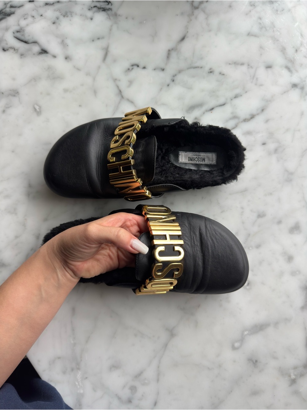 Moschino Black Leather Logo-Trim Slip-On Shoes